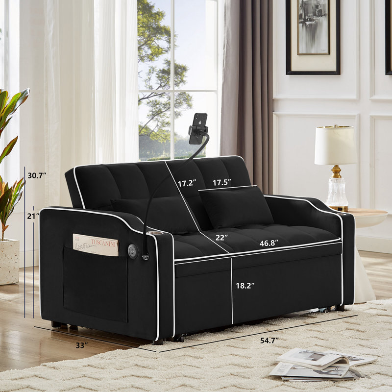 Velvet Sleeper Loveseat with Pull out Sofa Bed Convertible Futon Sofa Black